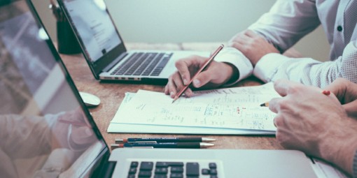 Image of two people with laptop consulting notes